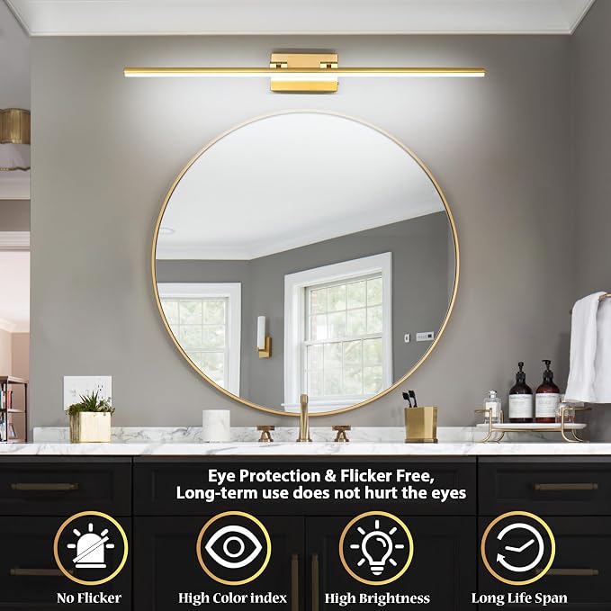 LED Bathroom Vanity Light, Modern Bathroom Light Fixture Over Mirror (3000K/4000K/6000K, Dimmable), Vanity Light Bar with Angle Adjustable, 48 Inch, Brass