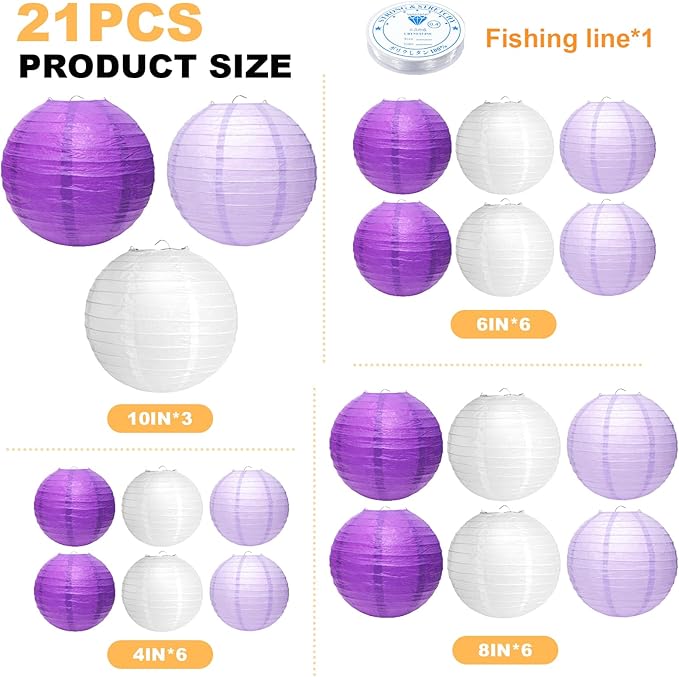 21 Pcs Purple Paper Lanterns Party Decorations, 4/6/8/10 Inch Round Chinese Hanging Paper Lanterns for Bachelorette Engagement, Wedding, Birthday, Graduation, Classroom Decorations