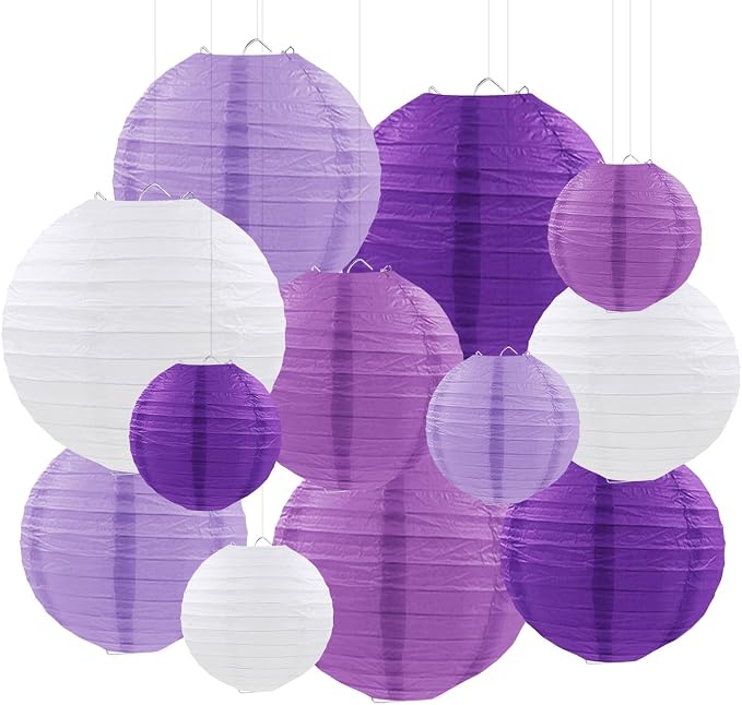 Purple Paper Lanterns Party Decorations, Hanging Round Paper Lanterns for Bachelorette Engagement Wedding Baby Bridal Purple Birthday Decorations (12 PCS)