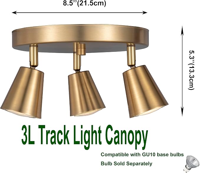 3 Light Track Lighting Kit, Matt Brass Finish Canopy with Moden Flush Mount Ceiling Spotlight for Kitchen,Dining,Living Room,Home Improvement