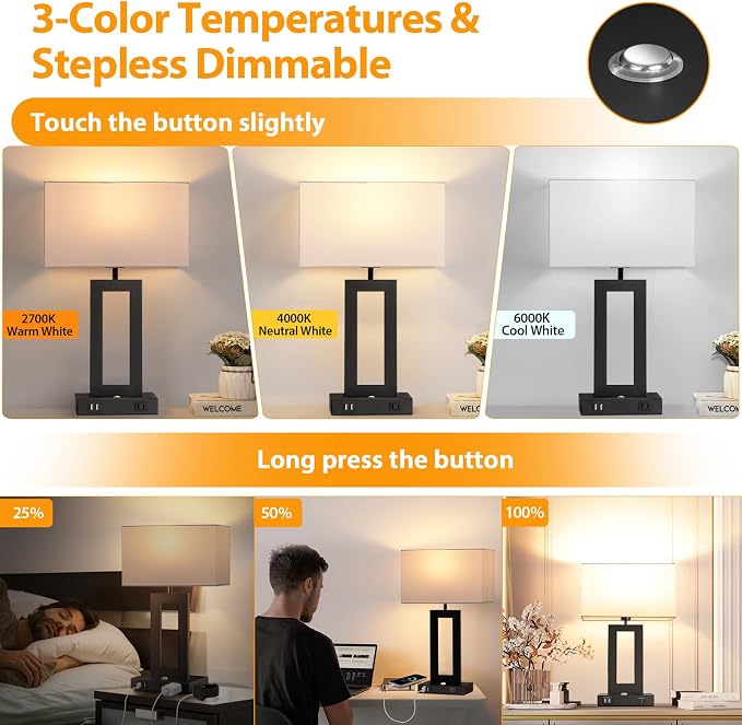 Kondras Set of 2 Table Lamps for Bedrooms, 3-Color Temperatures Touch Control Bedside Lamps with 2 USB Ports&AC Outlet, Stepless Dimmable Living Room Lamps for Nightstand, Bulbs Included, White&Black