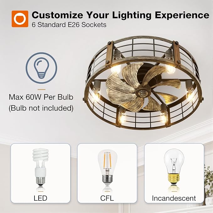 addlon 24" Caged Ceiling Fans with Lights and Remote, Low Profile Fandelier | Wider Airflow, 1/2/4/8H Timer, 6 Speeds, Reversible DC Motor, 6 E26 Sockets, Farmhouse Style, Quiet Operation