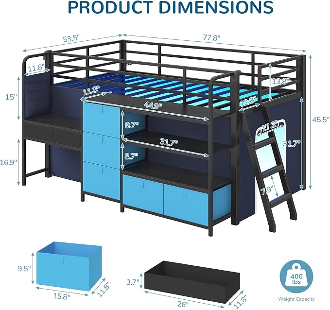 Low Loft Bed Twin Size with Desk, 6 Storage Drawers & Bookshelf, Kids Loft Bed with LED Lights & Under-Bed Play Space, Heavy Duty Metal Bed Frame with 13.8"H Safety Guardrail & Ladder, Blue and Black