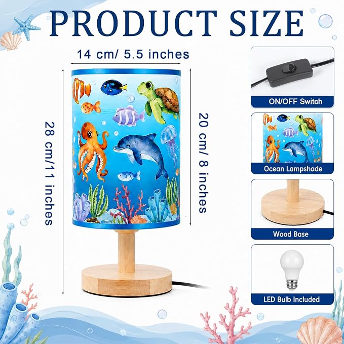 Under the Sea Table Lamp Ocean Animals Fish 3 Colors Dimmable Lights Underwater World LED Night Light Bedside Decor with Wooden Base Fabric Lampshade for Bedroom Living Room Home Decor Birthday Gift