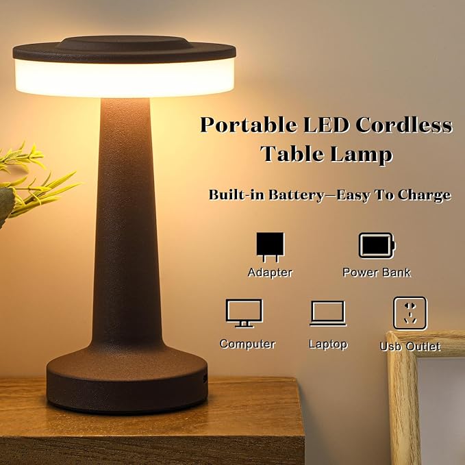 Riakrum 1 Pcs Brown LED Portable Cordless Table Lamp Bulk with Touch Sensor 3 Color Stepless Dimming Rechargeable Battery up to 15 Hours Cordless Table Light Wireless Lamp Wedding Home