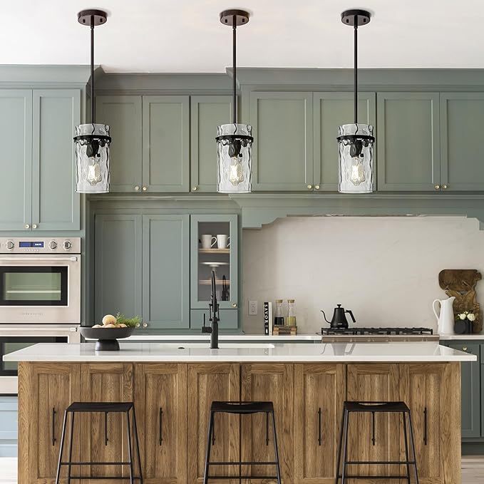 2 Pack 5.5" Black Hammered Hand-Blown Glass Pendant Light Farmhouse Black Pendant Light, Hammered Glass Pendant Light Fixtures Dining Room Light Adjustable Pendant Lighting Over Sink