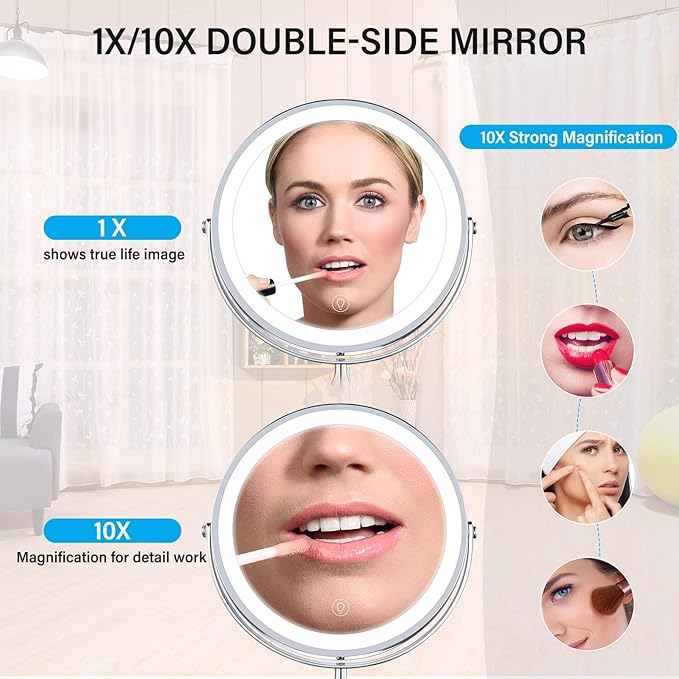 8" Lighted Makeup Mirror, 10X Makeup Mirror with Lights, Double Sided Dimmable Magnifying Mirror with Light, Rechargeable and Brightness Adjustable, Cordless Vanity Mirror with Lights