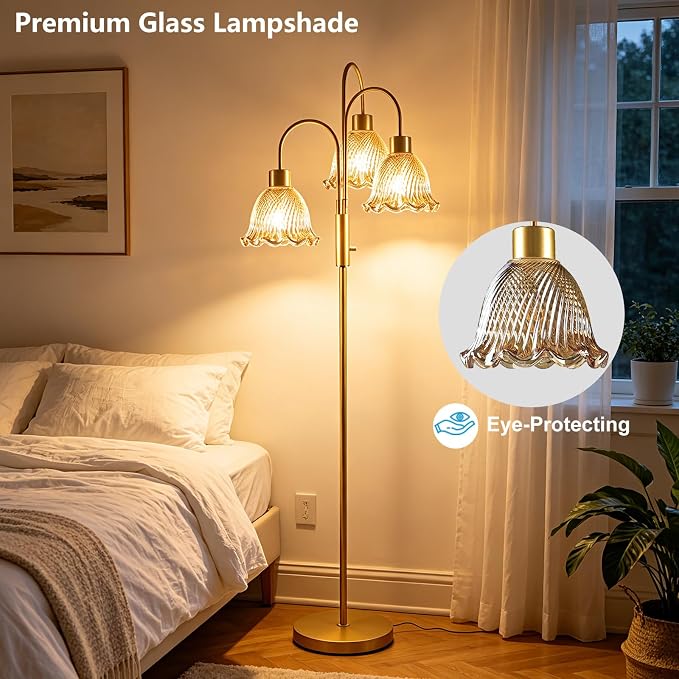 Lightdot 3-Light Glass Floor Lamp for Living Room, 70" Gold Dimmable Standing Tall Lamp with Amber Ribbed Glass Shades &3PCS 3000K Warm White Bulbs, Modern Tree Pole Lamp for Bedroom Home Decor