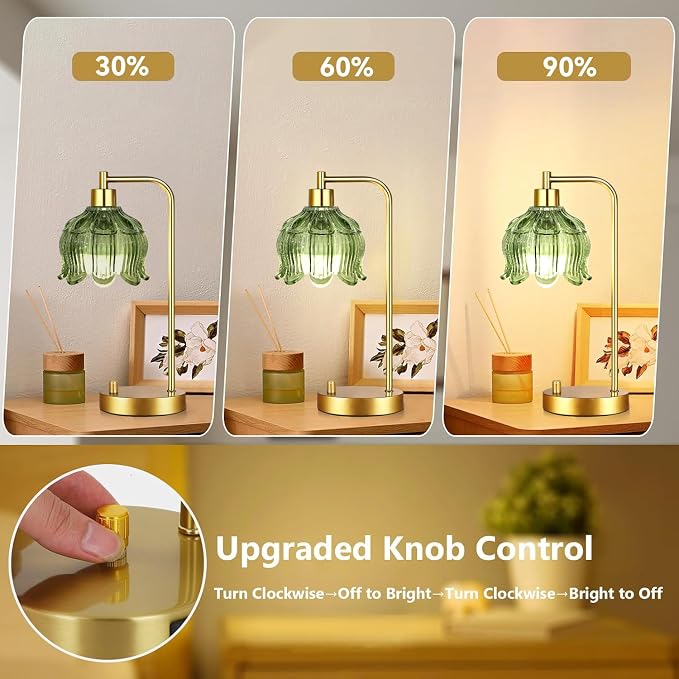 ILLMTW Glass Table Lamp Set of 2,Small Gold Bedside Lamps Dimmable Boho Bedroom Lamp with Tulip Flower Green Lamp Shade,Vintage Mid Century Modern Mini Nightstand Lamp for Bedroom Living Room