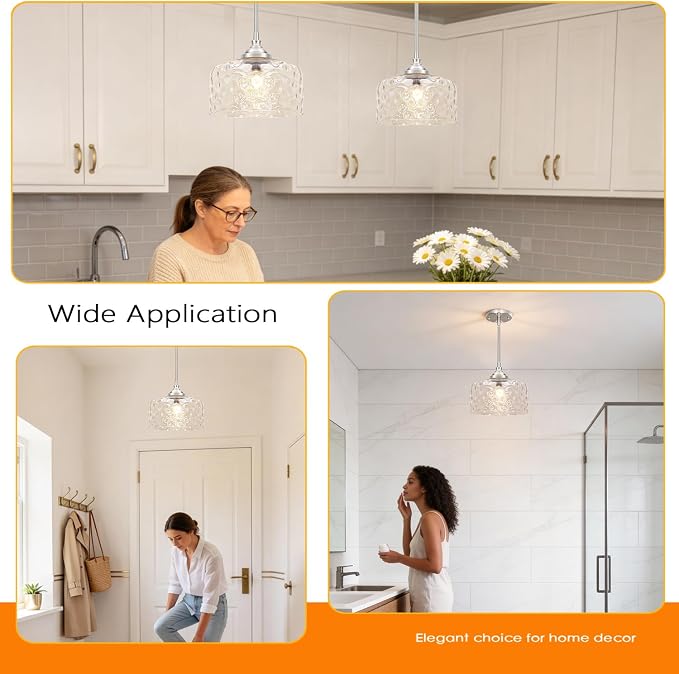 Brushed Nickel Pendant Lights Kitchen Island, Modern Hammered Glass Kitchen Pendant Lighting Over Island, Hanging Bathroom Light Fixtures Adjustable Pendant Light for Hallway Entryway Dining Room