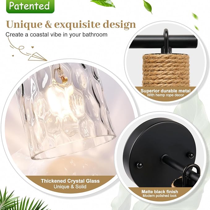 MOKATNG Set of 2 Wall Sconces for Bathroom, Coastal Modern Vanity Lights with Crystal Glass Shade, Black Bathroom Wall Lamp for Mirror Kitchen Living Room Hallway Cabinet Porch