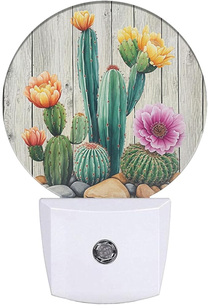 Cactus Night Light Tropical Cacti Desert Green Plant with Flowers on Wooden Blank Night Lights Plug into Wall Auto on/Off LED Lighting for Home Hallway Stairway Kitchen