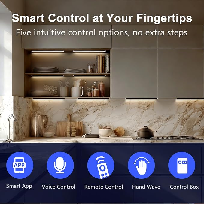 VST Smart Under Cabinet Lighting 6 Bars, App/Voice/Hand Wave Control, Black | UL Listed CRI 93+ Adjustable Strip Lights, Alexa & Google Home Compatible for Kitchen Cabinets & Closets