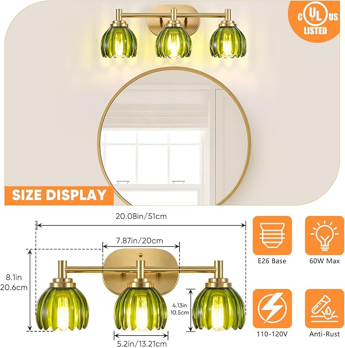 Bathroom Light Fixtures, 3-Light Brushed Gold Vanity Lights for Bathroom with Tulip Green Glass Shade, Bathroom Vanity Lighting Over Mirror, Gold Wall Lamps for Bedroom, Living Room, Hallway