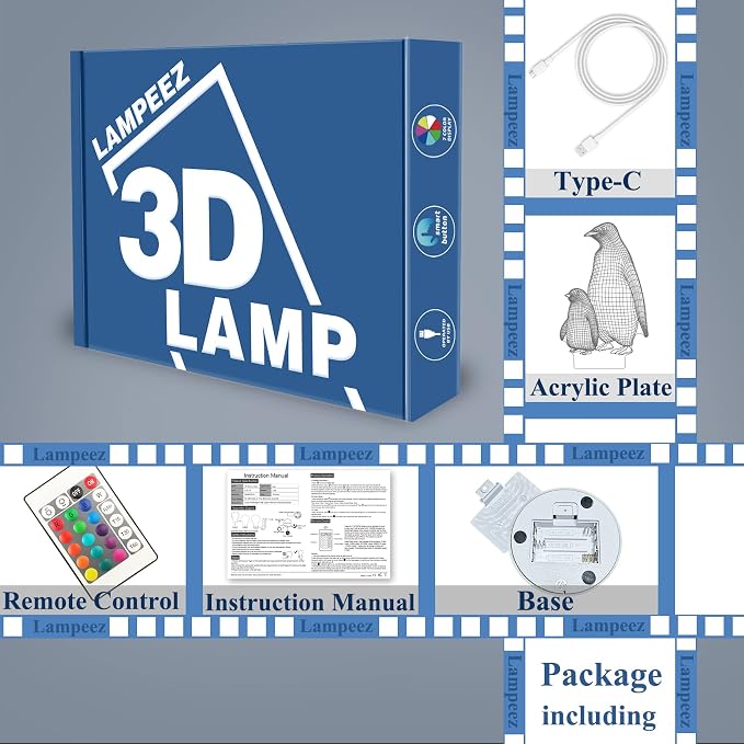 Lampeez Penguin Gift, Penguin 3D Night Light for Kids, 16 Colors Changing Illusion Lamp with Remote Control Dimmable Function 4 Flashing Mode, Kids Bedroom Decor Gifts for Boys Girls