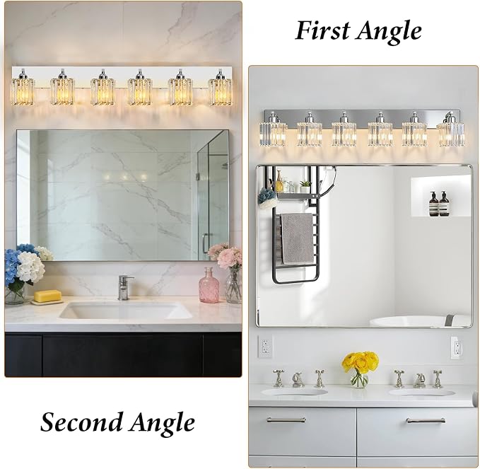 Brushed Chrome Crystal Bathroom Vanity Light, 6-Light Modern Bathroom Lighting Fixtures Over Mirror,Chrome Wall Sconce Light Fixtures with Square Shade