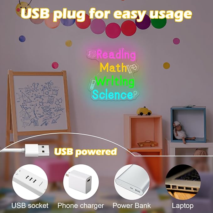 Reading Math Writing Science Neon Sign Dimmable Classroom Neon Light for Reading Room Bedroom Classroom LED Sign for Wall Decor Colorful Kids LED Light Gifts for Teachers Classroom Backdrop Aesthetic Decoration