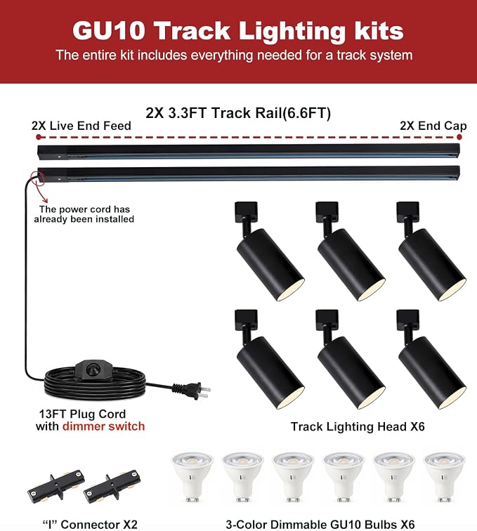 3-Color Plug in Track Lighting Dimmable with Power Cord, 6-Light Track Lighting Kit with 6.6FT H Type Track Lighting Rails, Modern Kitchen LED Track Lighting Fixtures Ceiling Spot Light, Black