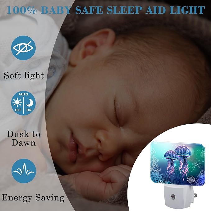 Glowing Jellyfish in Deep Sea Night Light for Kids Girls Boys, Jellyfish LED Night Light Plug into Wall with Dusk to Dawn Sensor for Room, Hallway, Kitchen, Bathroom, Stairs Decor