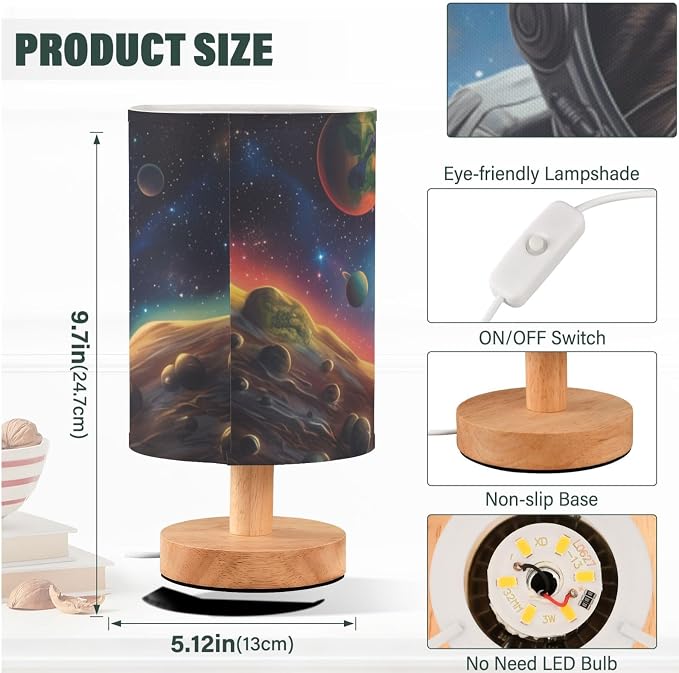 Fustylead Outer Space Themed Astronaut Cat Bedside Table Lamps with USB Port for Bedroom LampSmall Nightstand Lamp Sturdy Linen Shade Wooden Base Decorative Lamps for Nursery Kids Reading Dorm Home