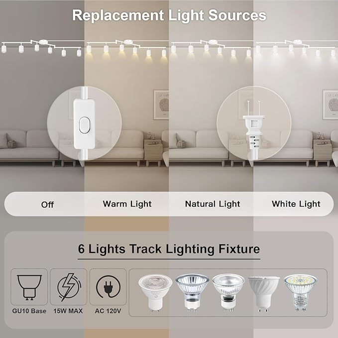 Plug in Track Lighting LED, Track Lighting Fixtures Ceiling, White 6-Light Kitchen Light Kit, Plug in Wall Light with 14.8ft Power Cord, Rotatable Ceiling Spotlight for Bedroom(GU10 Socket, NO Bulb)