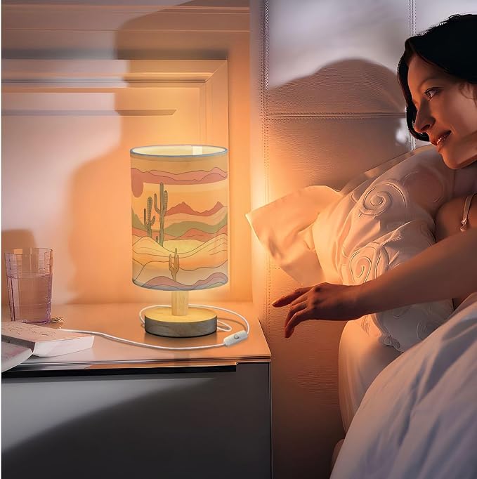 Fustylead Abstract Desert Sunset Cactus Bedside Table Lamps with USB Port for Bedroom Lamp Accent Table Lamp Small Nightstand Lamp Sturdy Linen Shade Wooden Decorative Lamps for Home|Kids|Holiday