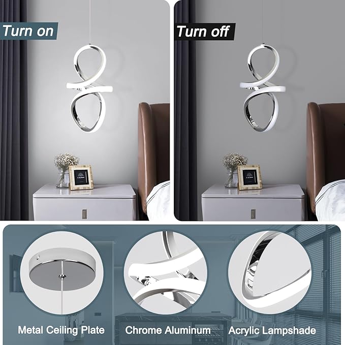 6000K Modern LED Pendant Lights, 24W LED Pendant Lights Kitchen Island Lighting, Chrome Adjustable Height Hanging Light Fixture for Kitchen Study Corridor Stairs Dining Room, 1 Pack