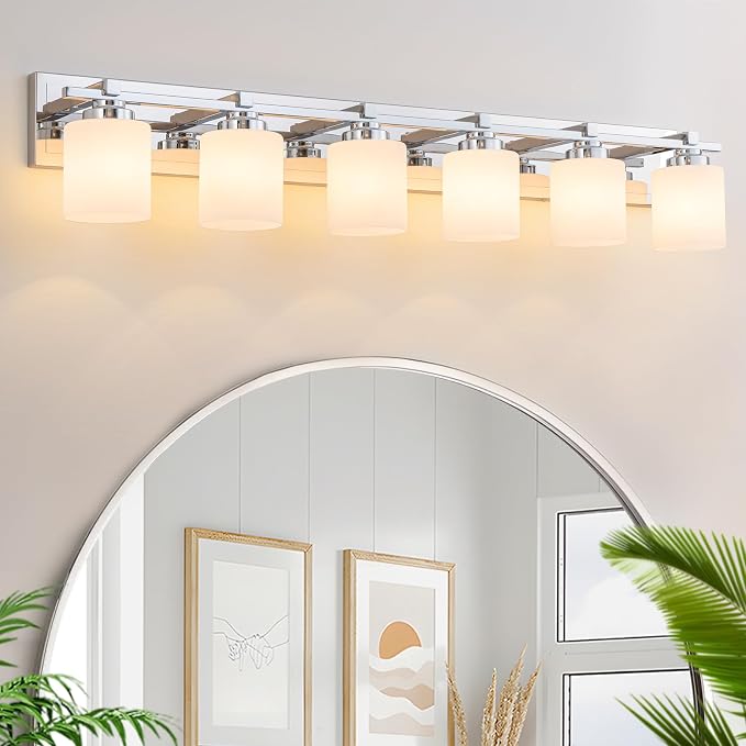 Modern Bathroom Light Fixtures Over Mirror, Vanity Lights for Bathroom Wall Sconces with Milky White Glass Shades, E26 Socket (Bulbs Not Included), 6 Light, Chrome