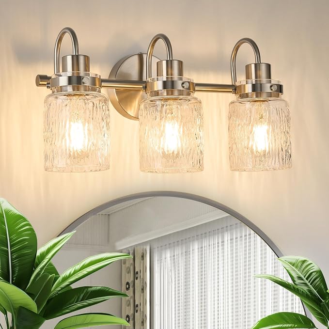 3 Lights Hammered Glass Bathroom Vanity Light,Brushed Nickel | Easy Installation,Up or Down,Farmhouse Modern Style,E26 Socket,ETL Certification