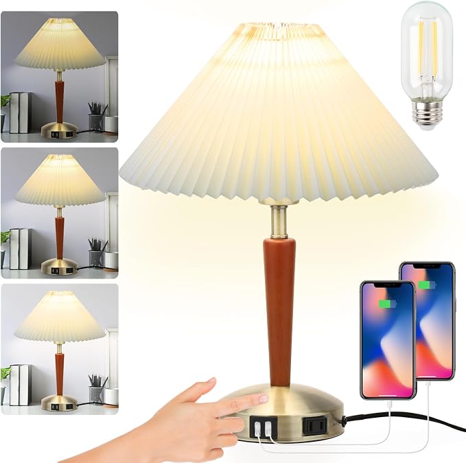 Touch Bedside Table Lamp - Modern Small Lamp for Bedroom Living Room Nightstand, Desk lamp with Fabric Lamp Shade, Warm LED Bulb, 3 Way Dimmable, Simple Design Mother's Day Gifts (Brown)