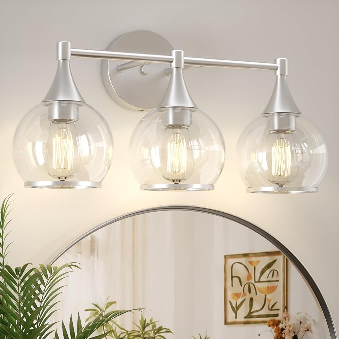 PAIHOME 3-Light Brushed Nickel Bathroom Vanity Light Fixtures Over Mirror | Brushed Nickel, Anti-rust, UL-Certified, Elegant Globe Glass Shade, Modern Vintage, Easy to Install,Wall Decor Light