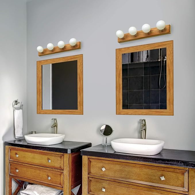 Design House 500207 4-Light Vanity Strip Light Contemporary Dimmable for Bathroom, Bedroom, Makeup Vanity, Honey Oak | Dimmable, Wall Mount, Contemporary/Modern, Wood, Lighting, 500207