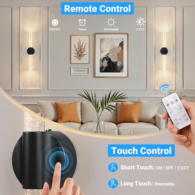VerRon Peel and Stick Rechargeable Magnetic Wireless Wall Sconces Set of 2 | Long Picture Vanity Wall Lamps with Remote&Touch Control, 3CCT&Dimmable Battery Operated Sconces for Bedroom Living Room