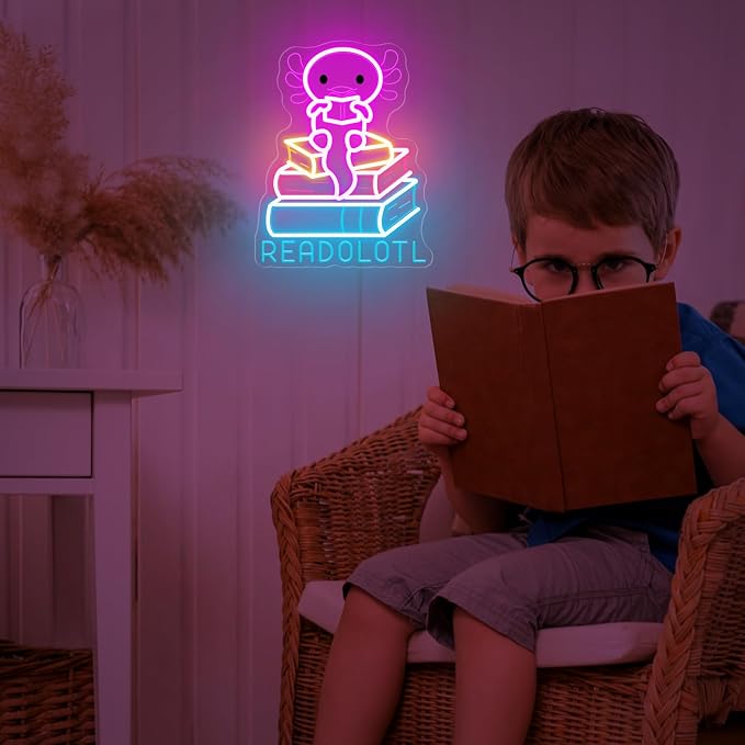 Axolotl Reading Neon Sign, Book Lover LED Light for Classroom Decor | Reading Corner, Classroom Decor, Book Nook, Library Display, Teacher Gift, Cozy Study Space, USB Powered, Soft Glow