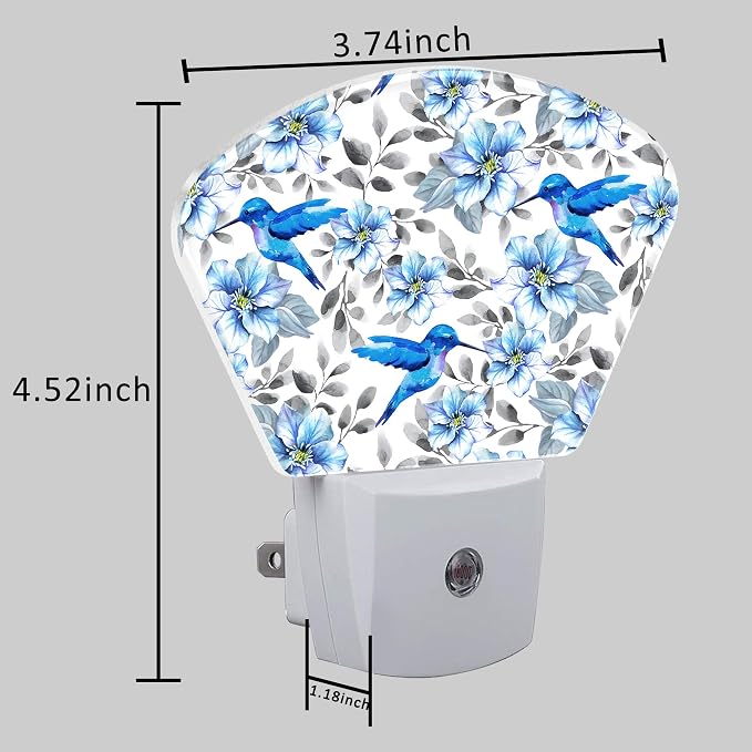 Watercolor Blue Flowers and Hummingbirds Night Light for Kids Girls Boys, Blue Hummingbirds LED Night Light Plug into Wall with Dusk to Dawn Sensor for Room, Hallway, Kitchen, Bathroom, Stairs Decor