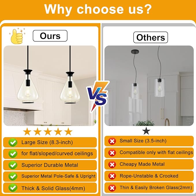 2 Pack Modern Pendant Lights Kitchen Island, Matte Black Pendant Light Fixtures with 8.5" Clear Glass Shade, Industrial Hanging Pendant Lights Fixture for Kitchen Island Dining Room Bedroom Entryway