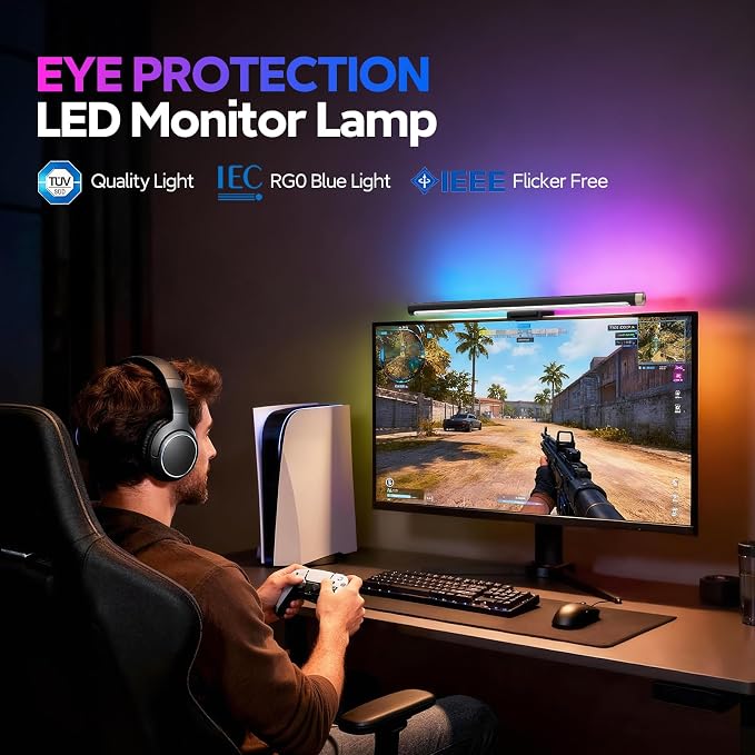 LYMAX RGB Monitor Light Bar with 4 Modes Backlight | Eye-Care No Glare, Adjustable Color & Brightness, Space Saving, Touch Control, USB Monitor Lamp for Home Gaming