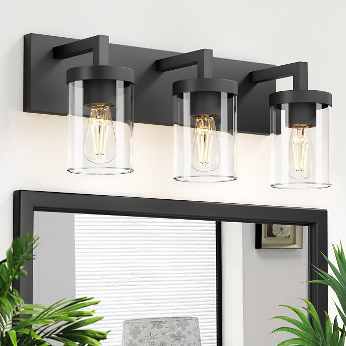 Bathroom Vanity Light, 3 Light Matte Black Vanity Lights with Clear Glass Shade, 22in Modern Wall Sconces, Bathroom Lighting Fixtures Over Mirror
