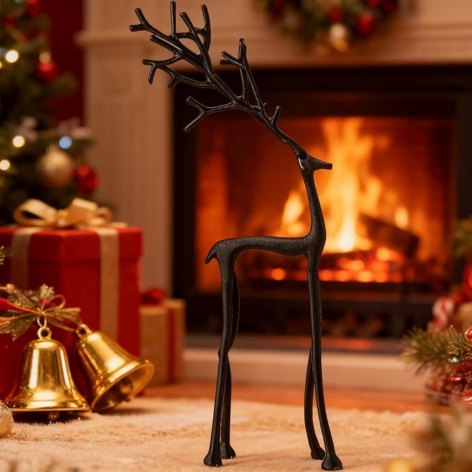 2 Pcs Christmas Reindeer Figurines Decor Xmas Tabletop Ornaments Black Deer Statue Ornament Imitation Metal Christmas Reindeer Statues for Living Room Patio Home Office Garden Backyard Decoration