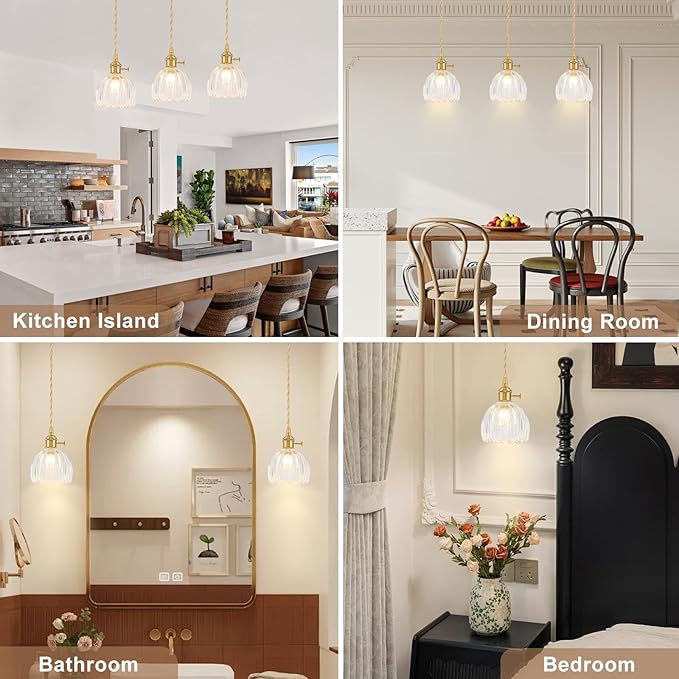 Mini Pendant Lights Kitchen island 2 Pack, Small Adjustable Pendant Light Fixture with Transparent Tulip Glass Lampshade, Vintage Gold Pendant Lighting, Pendant Light for Bedroom Dining Room Hallway