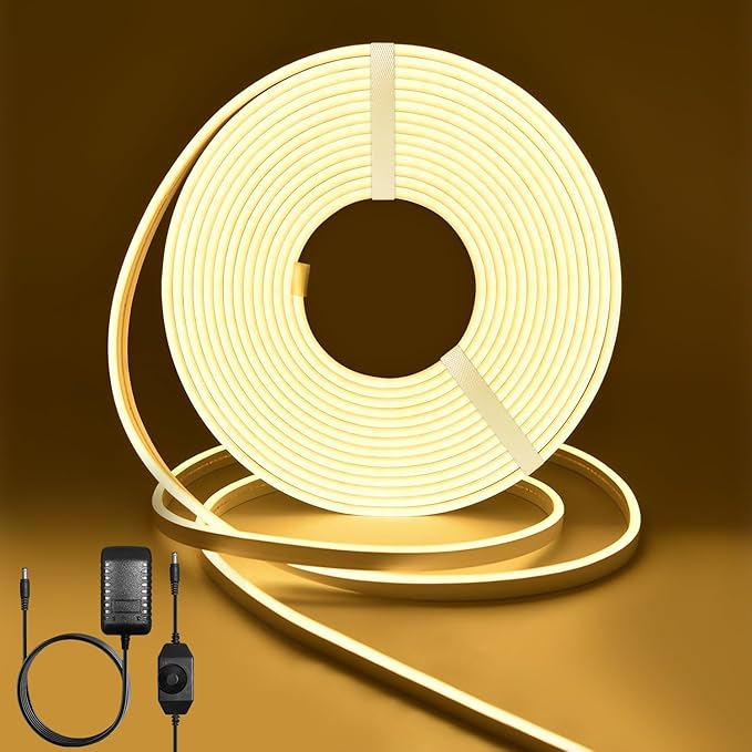 LED Neon Lights, 12V Warm White Dimmable LED Strip Lights, 16.4ft/5m Waterproof LED Neon Rope Lights, 3000K Neon LED Strip for Bedroom Indoor Home Decor (Power Adapter Included)
