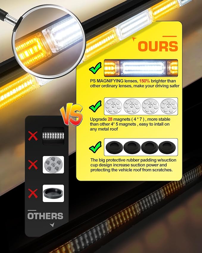42" Roof Top Strobe Light Bar Amber White Emergency Traffic Advisor Lights, Double Side Warning Safety Flashing w/Magnetic Mount for Construction Vehicles Plow Trucks Pickup, Amber/White