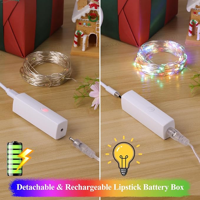 Multicolor Fairy Lights, 32FT(16×2) Rechargeable Battery Operated Mini LED String Lights, 8 Modes Waterproof Twinkle Lights with Timer for Bedroom Christmas Wedding Table Decor