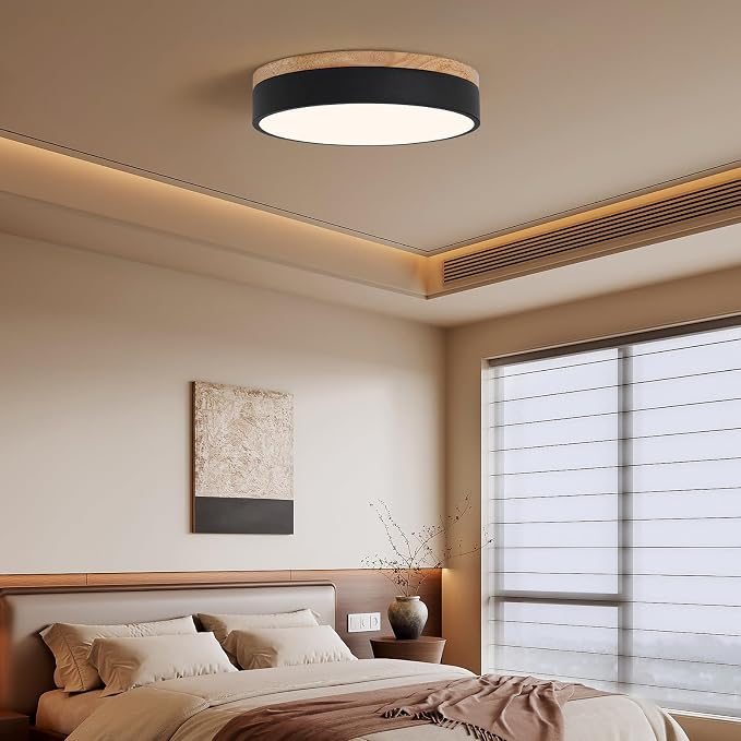 12" Minimalist Black and Wood LED Flush Mount Ceiling Light Fixture | Natural Wood Accent, Integrated LED, 5CCT Before Installation, Slim Low-Profile Design, Minimalist Modern Style, Compact Size