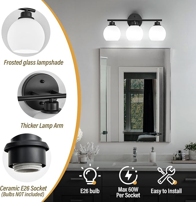 Matte Black Bathroom Light Fixtures, 3-Light Vanity Light Over Mirror | Modern Bathroom Lighting Over Mirror, Wall Sconces, Milky White Globe Glass Shades, E26 Socket,ETL Listed
