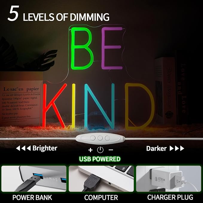 Be Kind Neon Sign Dimmable Kindness Neon Light Sign for Wall Decor Inspirational Letters Led Signs for Bedroom Kids Room Reading Corner Library Classroom Club Decor Gifts 12.6" x 13.7"