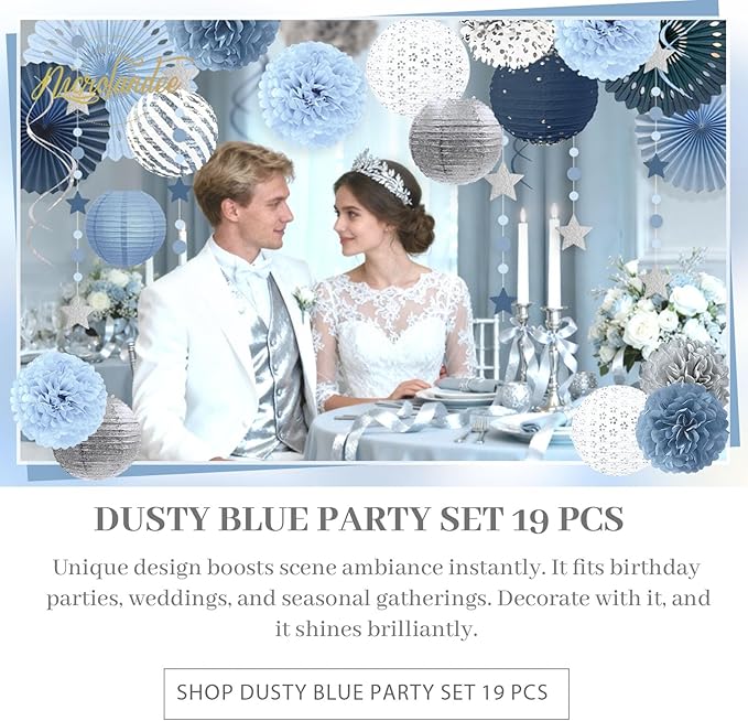 19Pcs Dusty Blue Party Decorations, Hanging Paper Lanterns Fans Tissue Flower Pom Poms Swirls for Wedding, Birthday, Something Blue Bridal Shower Bachelorette Party Baby Shower Decorations