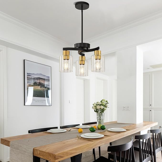 Black Brass Dining Room Chandelier, 3 Light Modern Industrial Pendant Light for Kitchen Island, Adjustable Height Ceiling Light with Clear Glass Shades,E26 Base,Dimmable