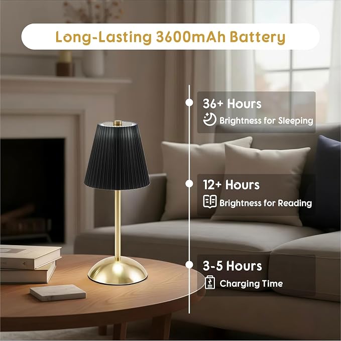 2-Pack Cordless Table Lamps Rechargeable, Battery Mini LED Lamps | Small Wireless Lamps for Tables, Restaurant Table Lamps Dimmable, Black Pleated Touch Lamp with USB for Bedside, Outdoor Use
