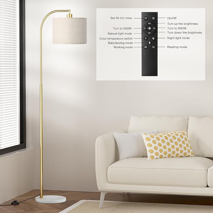 Arc Floor Lamp with Remote and Stepless Dimmable Bulb, Colors Temperature & Brightness Adjustable, Gold Pole & Marble Base